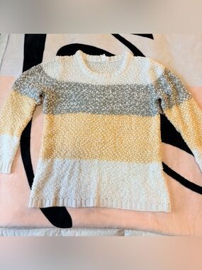 LOFT Striped Crewneck Sweater in Cream, Gray & Pale Yellow